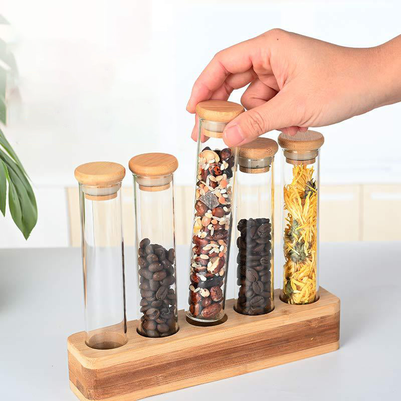 Vertical Multi-functional Sealed Tank Bar Decoration Coffee Bean Display Rack Wooden Frame Bamboo Tray Storage Glass Storage Box