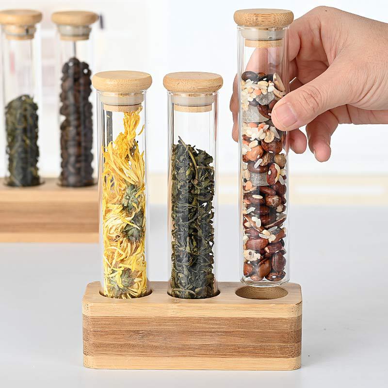 Vertical Multi-functional Sealed Tank Bar Decoration Coffee Bean Display Rack Wooden Frame Bamboo Tray Storage Glass Storage Box